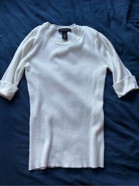 White House Black Market Cream Ribbed Short-Sleeve Crew Sweater